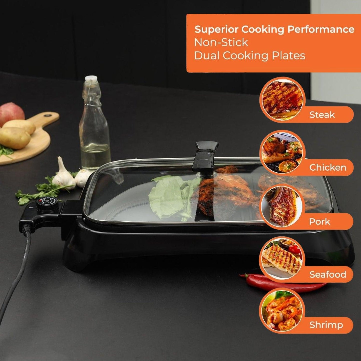 Electric Barbeque Grill - 1600W Tabletop BBQ Griddle with Smokeless Hot Plate for Indoor & Outdoor Cooking
