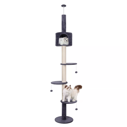 Floor To Ceiling Cat Tree – 220-260cm 4-Tier Climbing Tower Tall Scratching Post for Cats