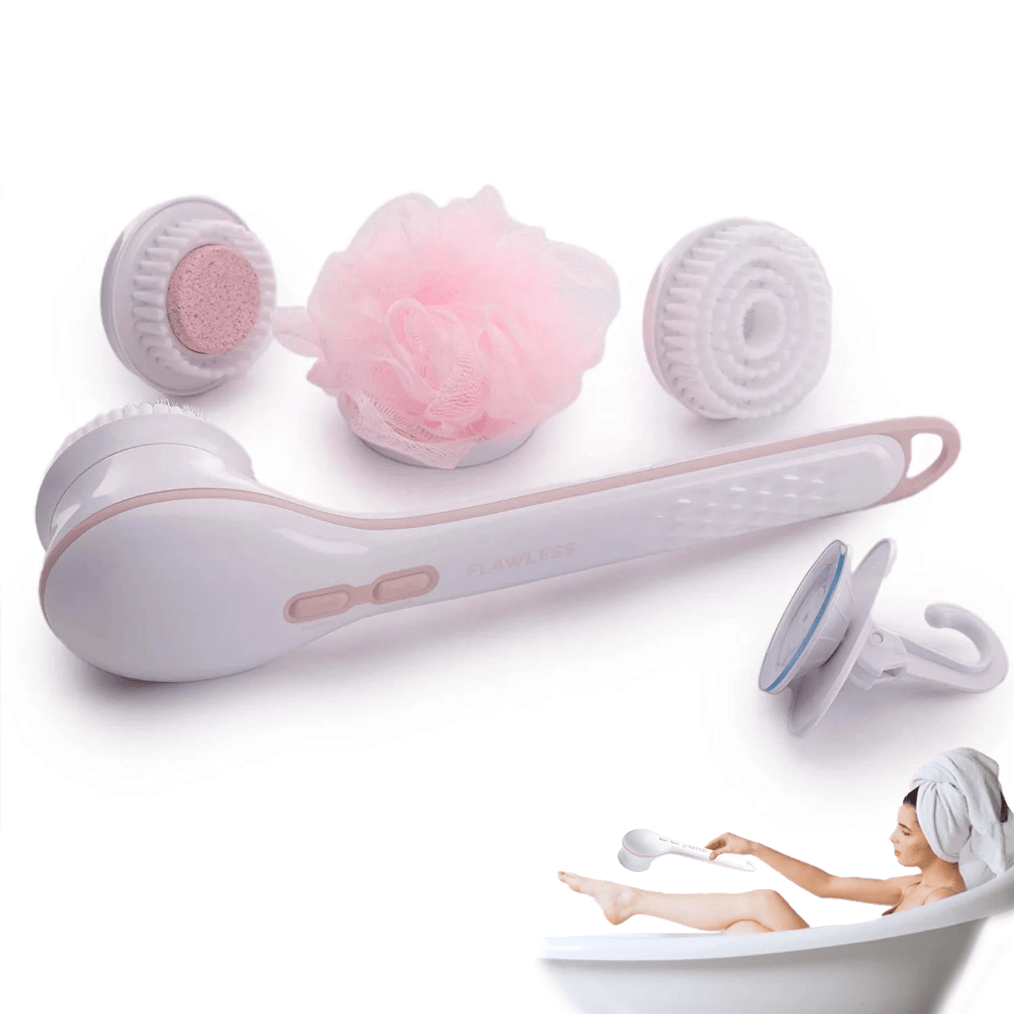 Electric Body Brush - Flawless Cleanse Spa with 3 Multi-Purpose Cleansing Heads for a Full Body Spa Experience