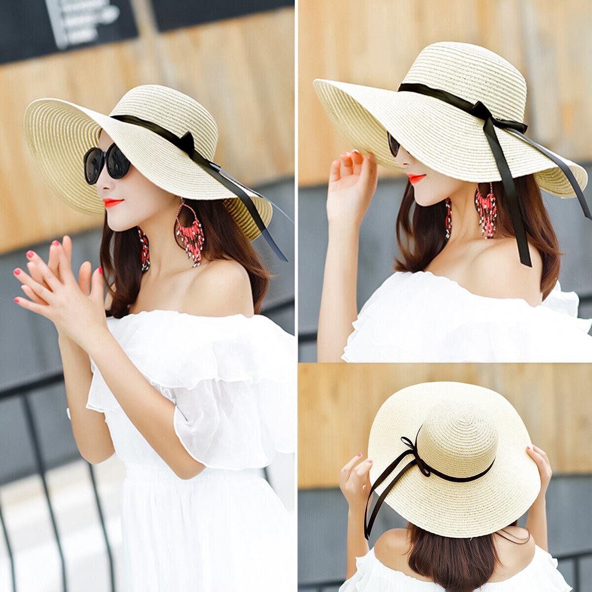 Straw Hat Womens - Summer Big Wide Brim Straw Hat Beach Sun Foldable Cap for Women
