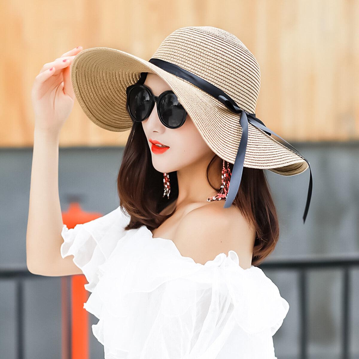 Straw Hat Womens - Summer Big Wide Brim Straw Hat Beach Sun Foldable Cap for Women