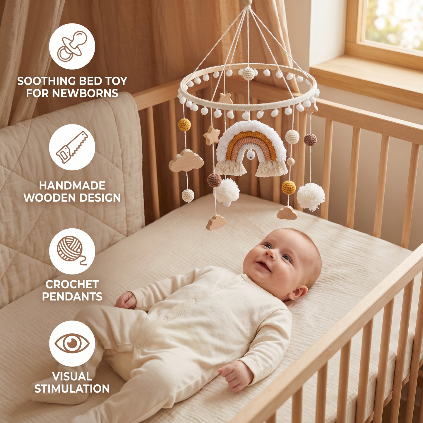 Handmade Wooden Baby Crib Mobile with Crochet Pendants – Soothing Bed Toy for Newborns