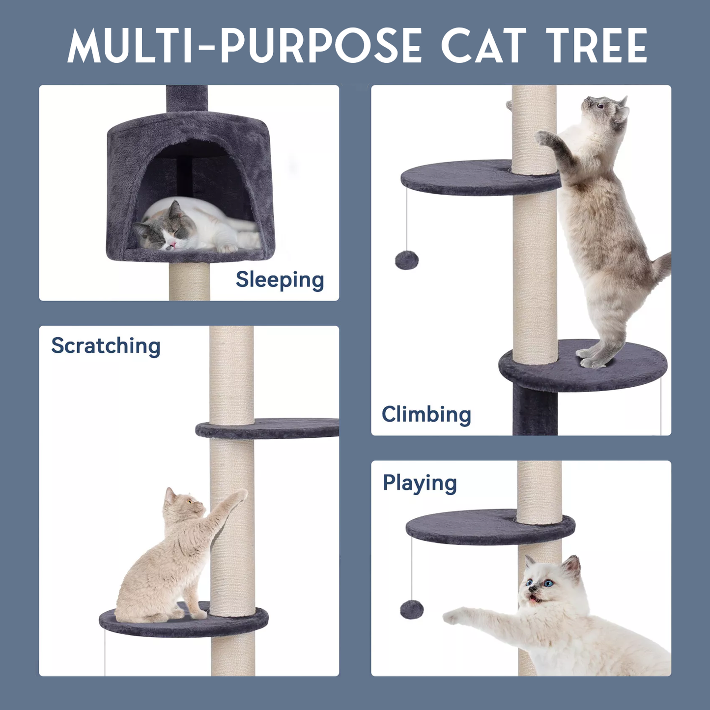 Floor To Ceiling Cat Tree – 220-260cm 4-Tier Climbing Tower Tall Scratching Post for Cats