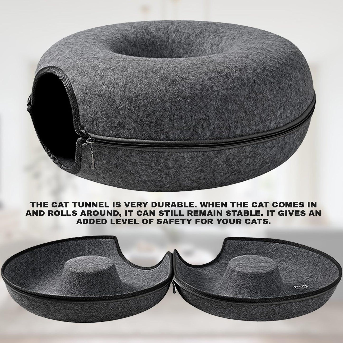 Cat Tunnel Bed - Natural Felt Pet Cat Cave Nest Round House Donut Interactive Toy