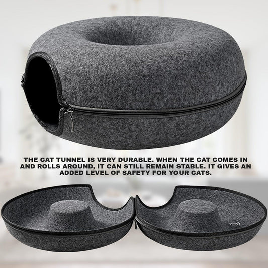 Cat Tunnel Bed - Natural Felt Pet Cat Cave Nest Round House Donut Interactive Toy