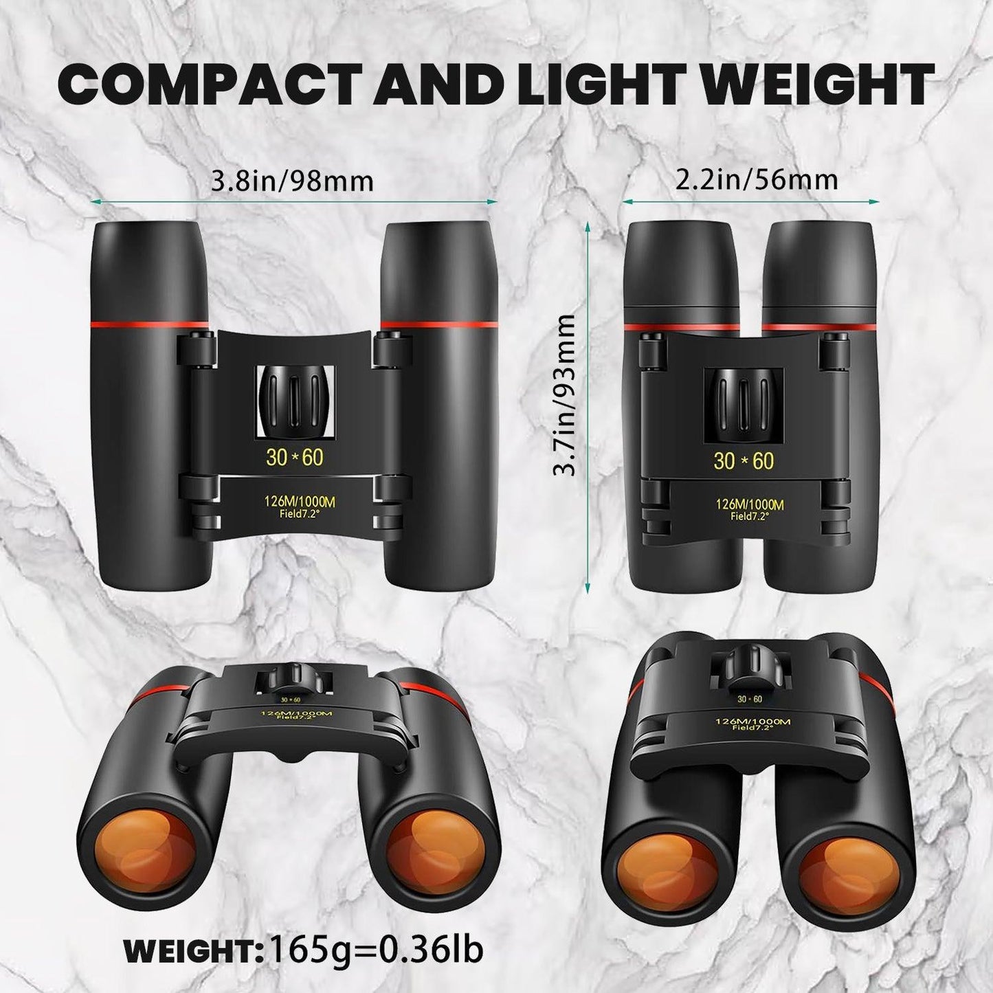 Small Powerful Binoculars - 30X60 Mini Binoculars Foldable Compact 15X Zoom Day Vision Clear Image Pouch