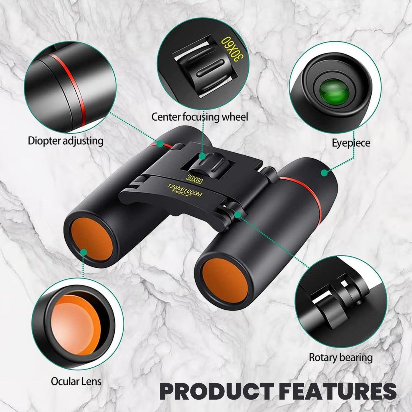 Small Powerful Binoculars - 30X60 Mini Binoculars Foldable Compact 15X Zoom Day Vision Clear Image Pouch