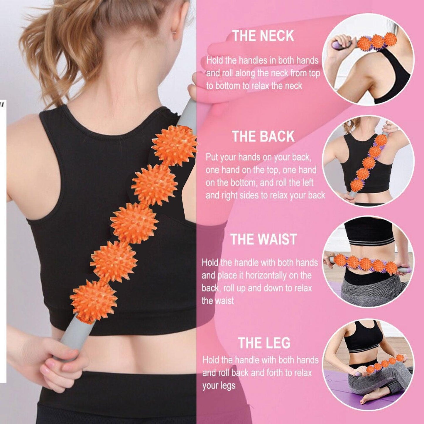 Roller Massage Stick - Cellulite Muscle Roller Stick with 3 Balls Blasting Release Deep Tissue Massager for Neck Leg Back Body