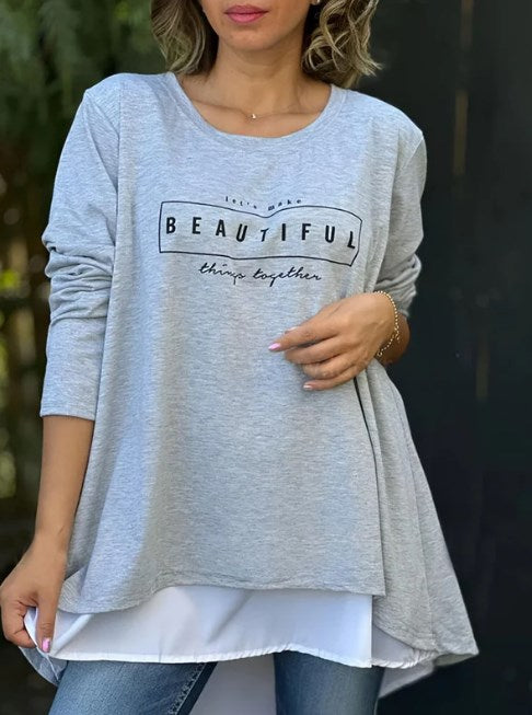 Letter Print Fake Two Piece Long Sleeve T-shirt