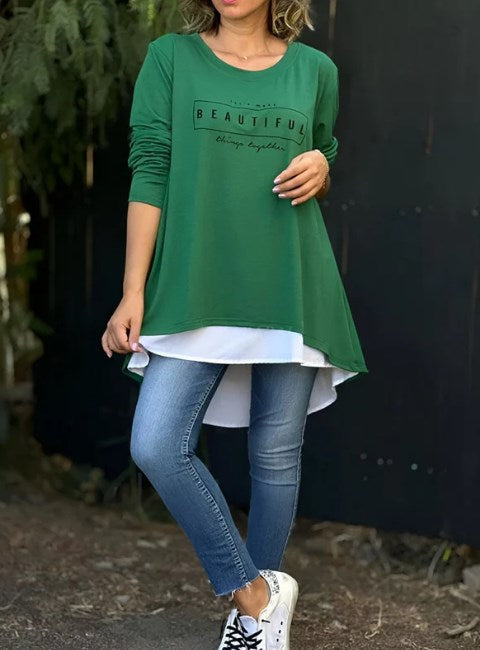 Letter Print Fake Two Piece Long Sleeve T-shirt