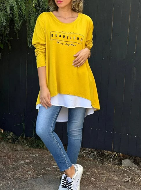 Letter Print Fake Two Piece Long Sleeve T-shirt