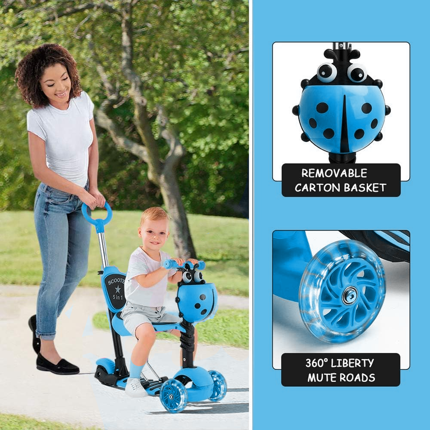 Kids Push Scooter – 5 in 1 Adjustable Height Removable Seat LED Flashing 3 Wheels