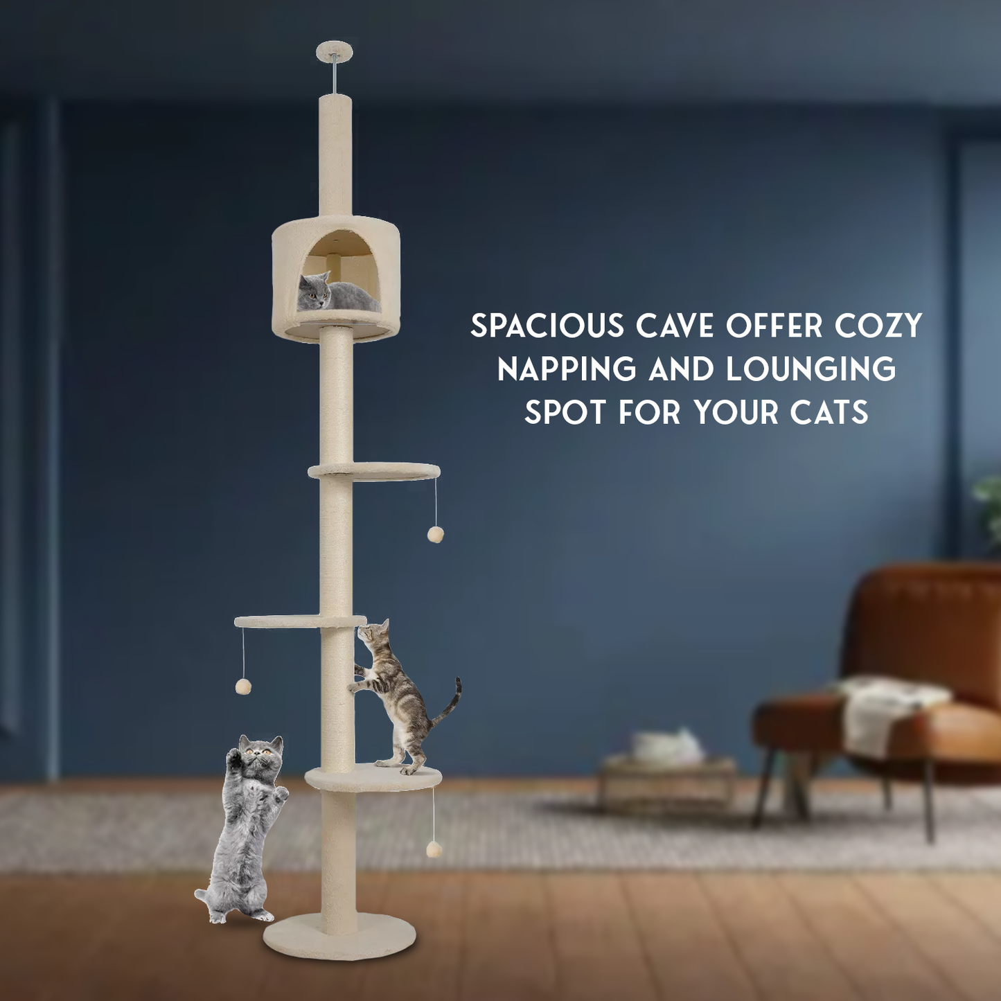 Floor To Ceiling Cat Tree – 220-260cm 4-Tier Climbing Tower Tall Scratching Post for Cats