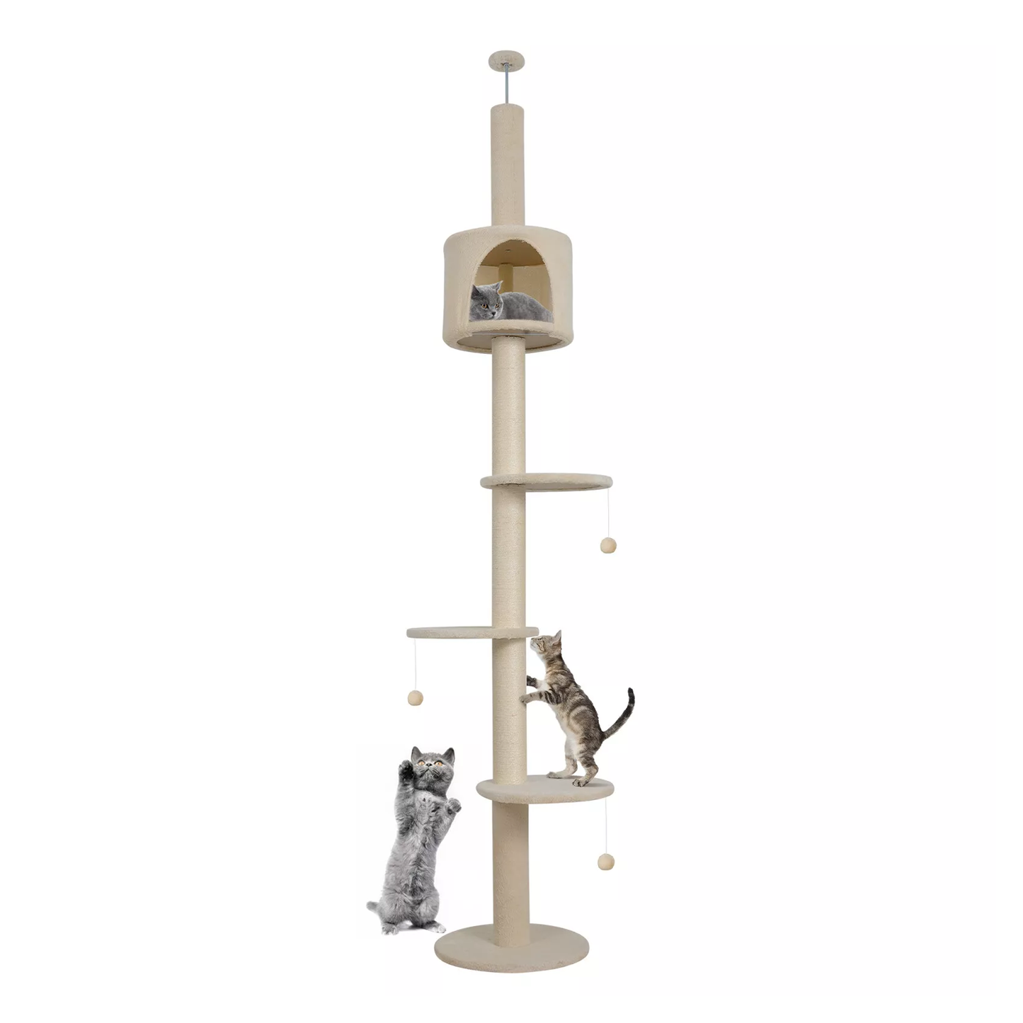 Floor To Ceiling Cat Tree – 220-260cm 4-Tier Climbing Tower Tall Scratching Post for Cats