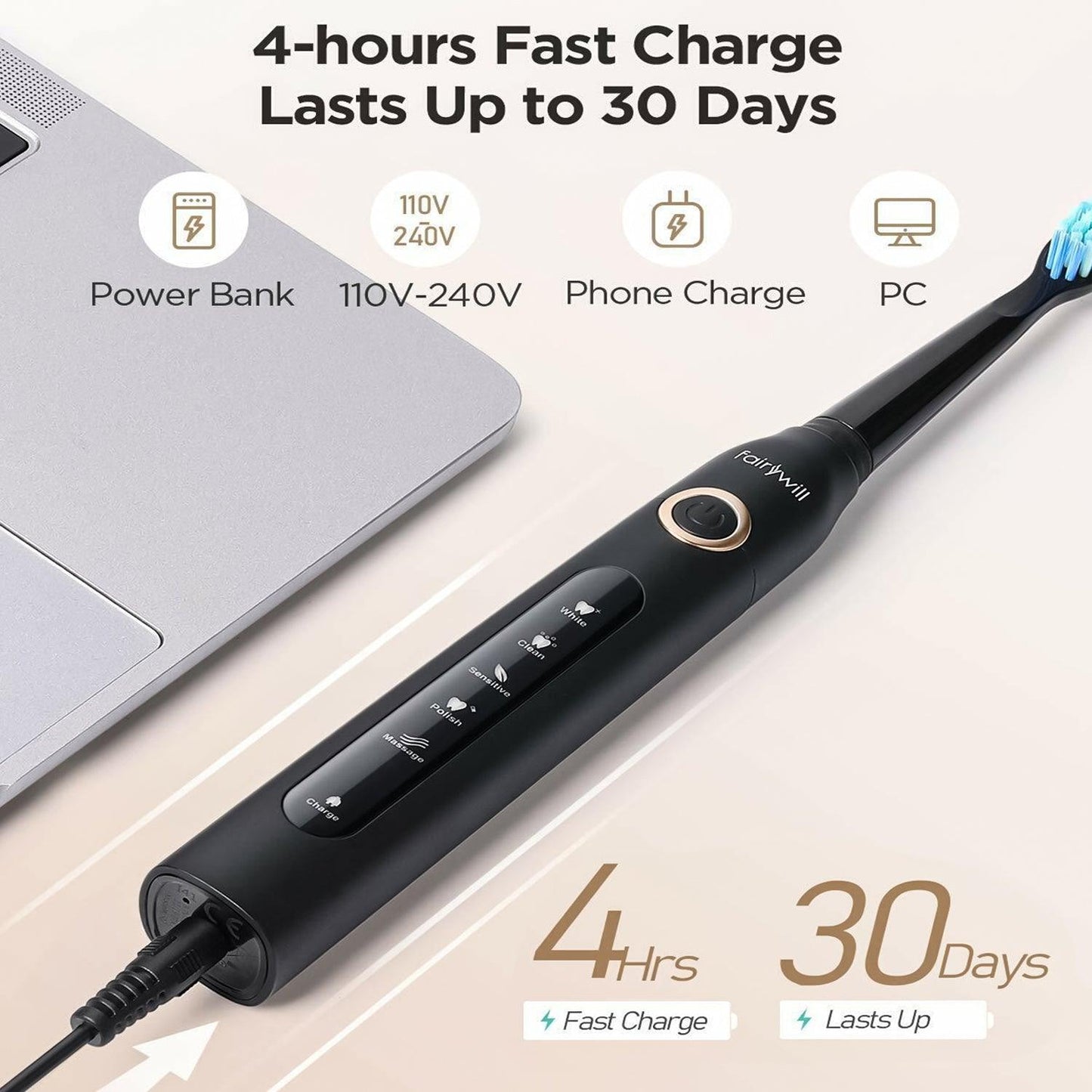 Rechargeable Power Toothbrush - 4/12X Brush Heads Electric Toothbrush Power Toothbrush ADA Accepted