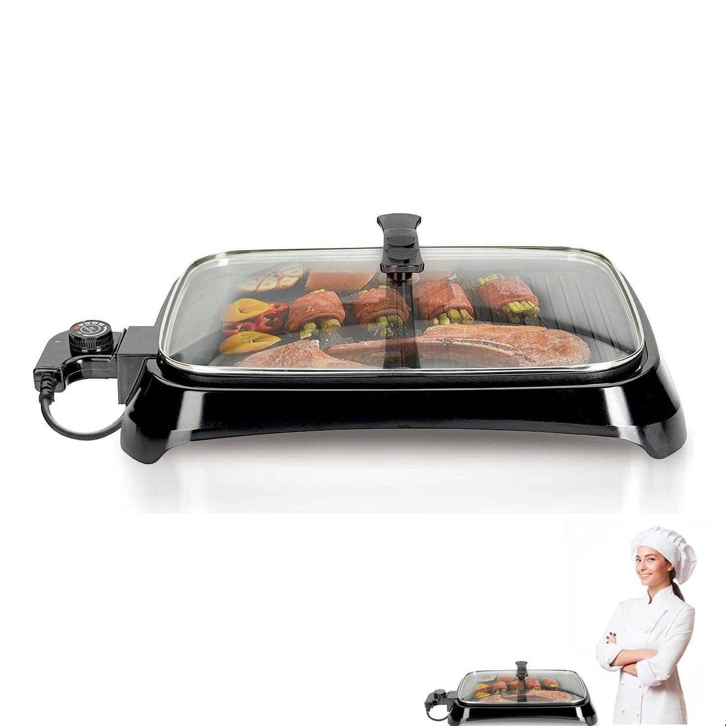 Electric Barbeque Grill - 1600W Tabletop BBQ Griddle with Smokeless Hot Plate for Indoor & Outdoor Cooking