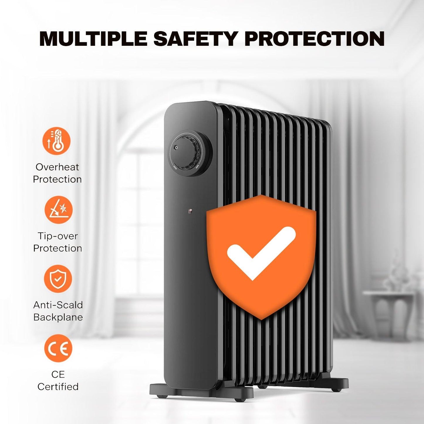 Room Heater Electric - Heater Oil Radiator with Adjustable Thermostat and 3 Heat Settings Oil Filled Heater with Overheat Protection (2500W, Knob Control)