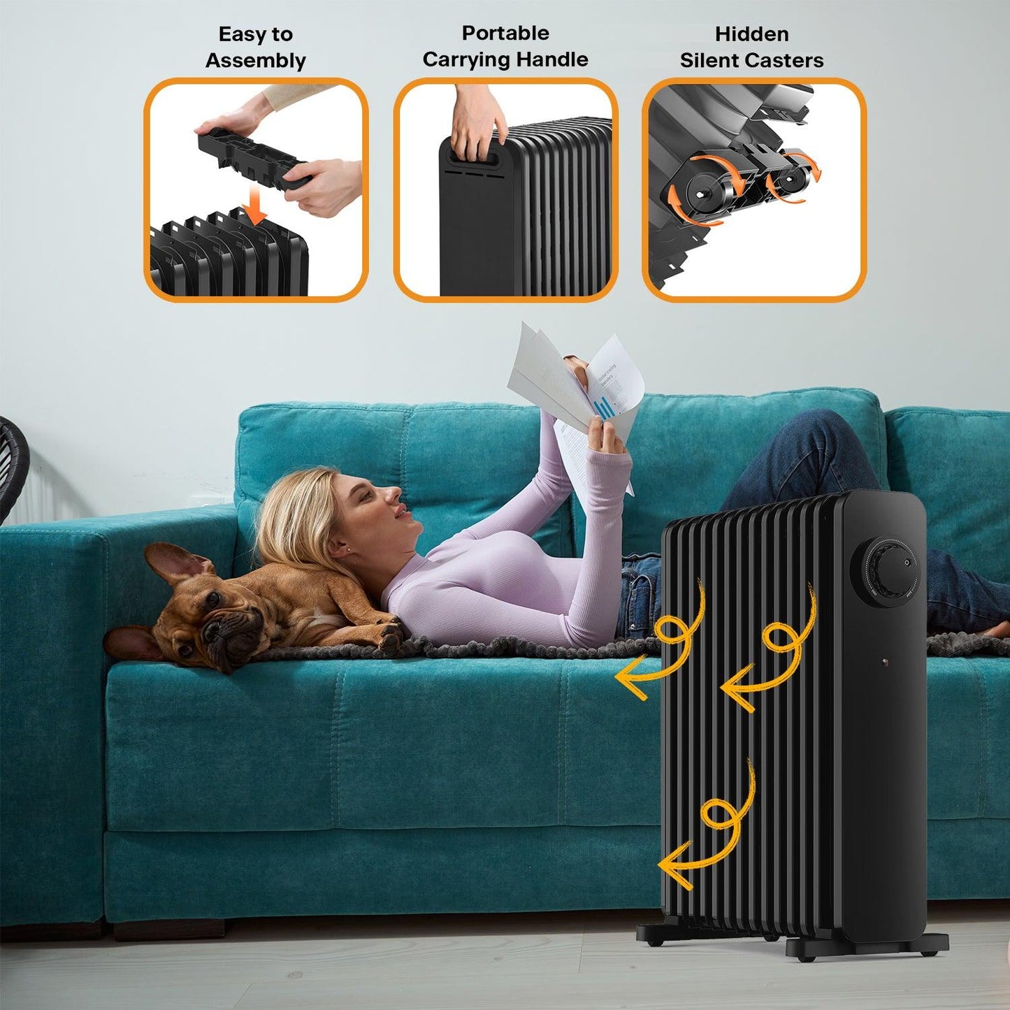 Room Heater Electric - Heater Oil Radiator with Adjustable Thermostat and 3 Heat Settings Oil Filled Heater with Overheat Protection (2500W, Knob Control)