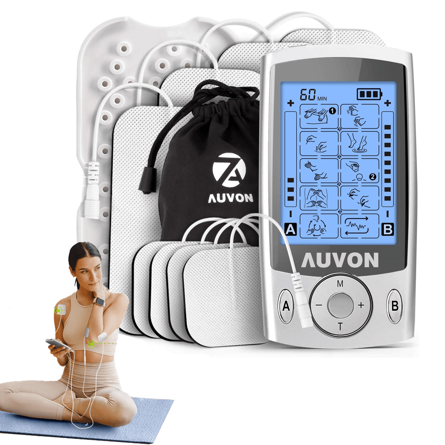 Electro Muscle Stimulation Machine - Dual Channel TENS Machine for Pain Relief | TENS Unit Muscle Stimulator with 20 Modes | 2″ and 2″x4″ TENS Pads