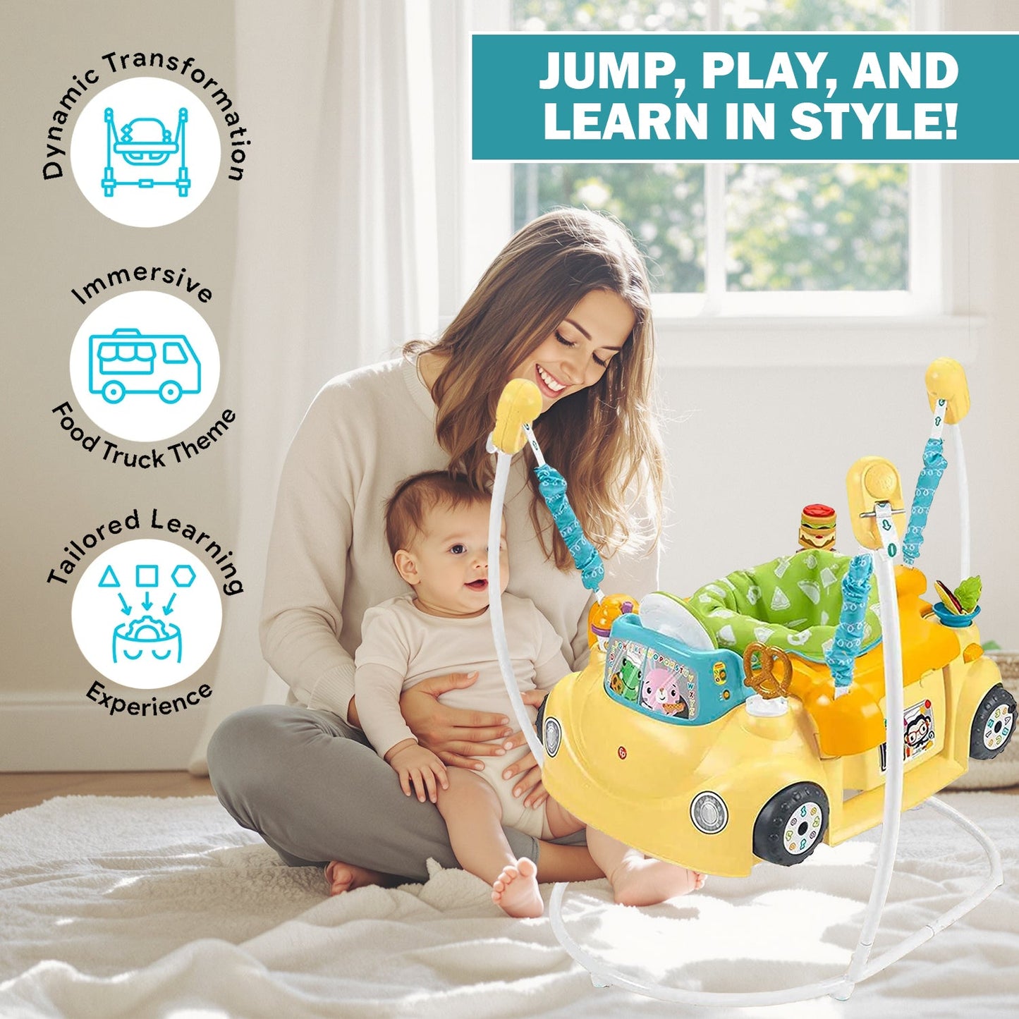 Servin Up Fun Jumperoo - Fisher 2 in 1 Activity Centre Baby Food Truck Bouncer