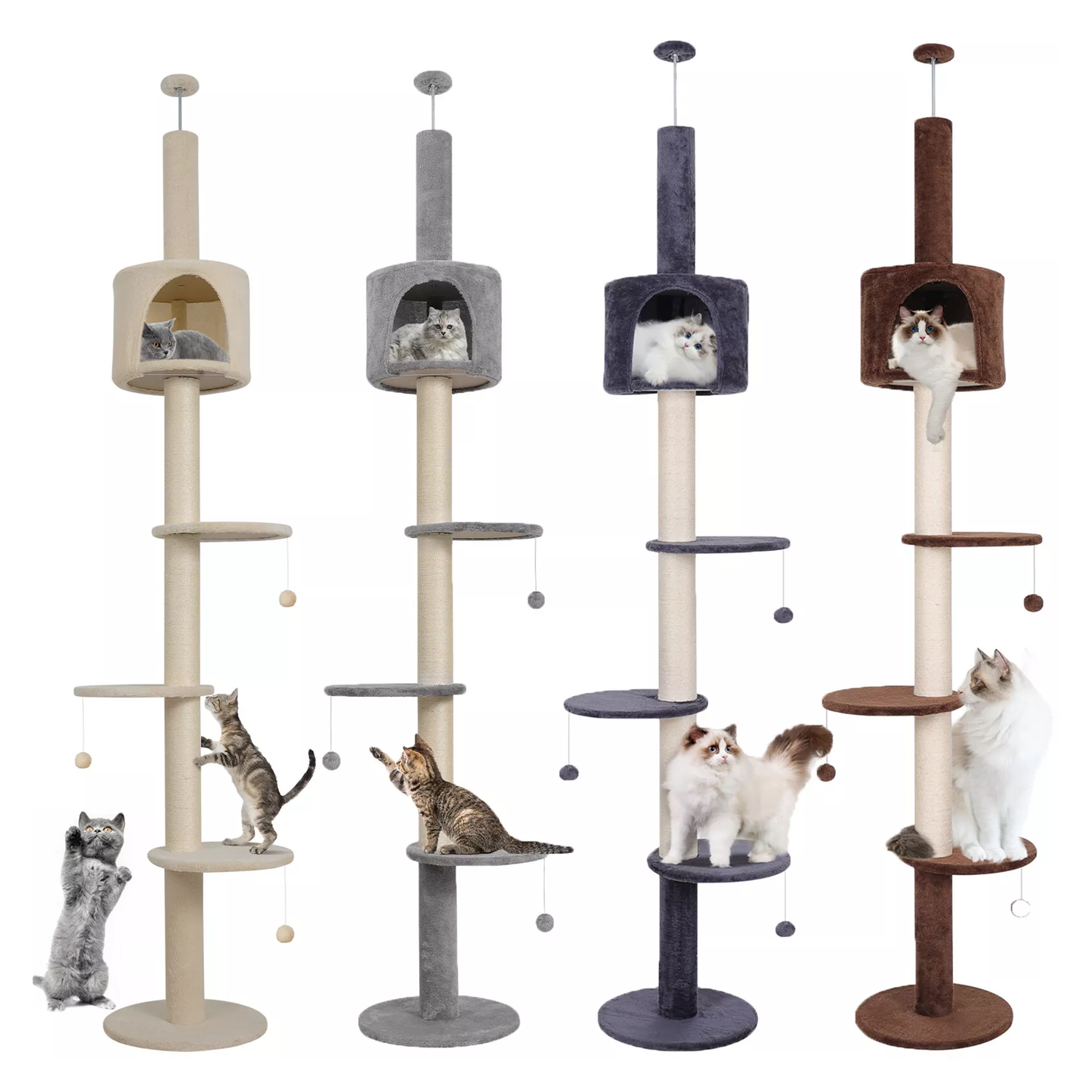 Floor To Ceiling Cat Tree – 220-260cm 4-Tier Climbing Tower Tall Scratching Post for Cats