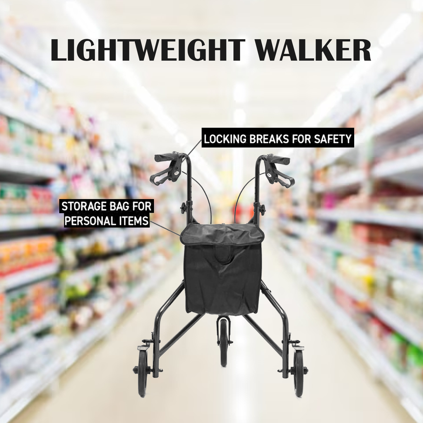 Three Wheeled Mobility Walker – Foldable Lightweight Rollator with Brakes & Storage Bag
