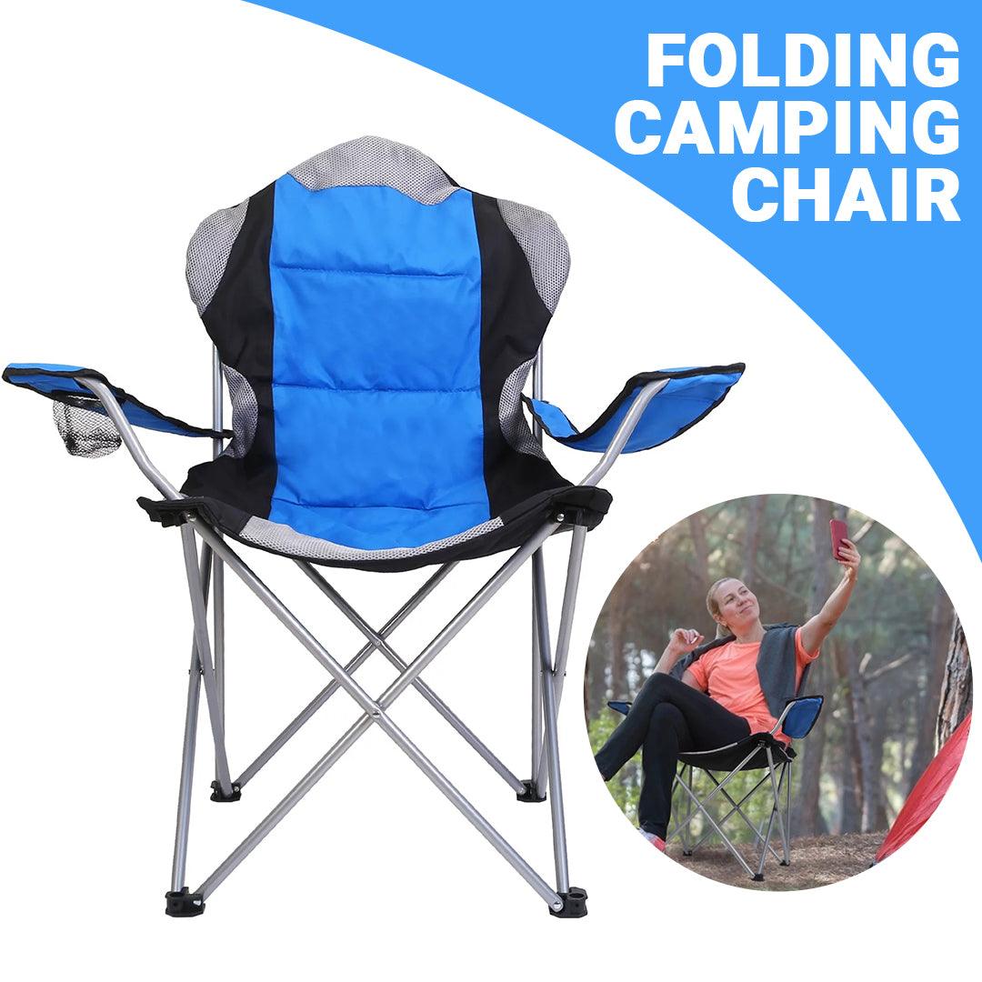 Outdoor Camping Chair - Padded Folding Camping Deluxe Fold Chairs High Back With Cup Holder & Carry Bag