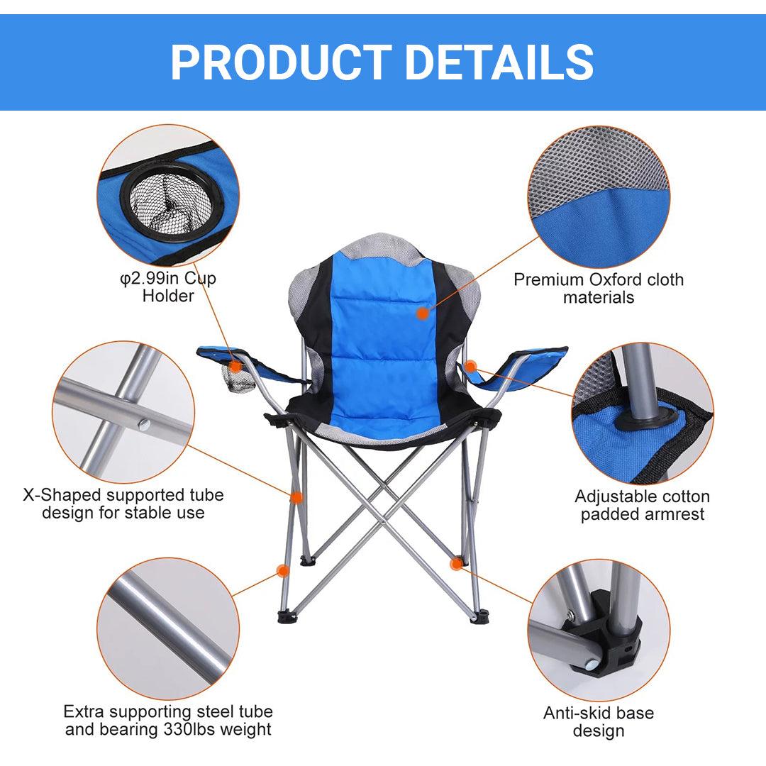 Outdoor Camping Chair - Padded Folding Camping Deluxe Fold Chairs High Back With Cup Holder & Carry Bag