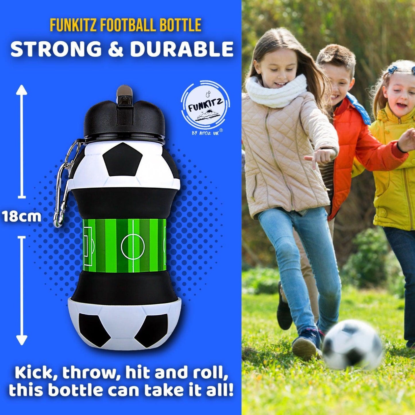 Football Water Bottles - Football Water Bottle for Kids, FunKitZ Football Water Bottle for Kids - Kids Collapsible Water Bottle