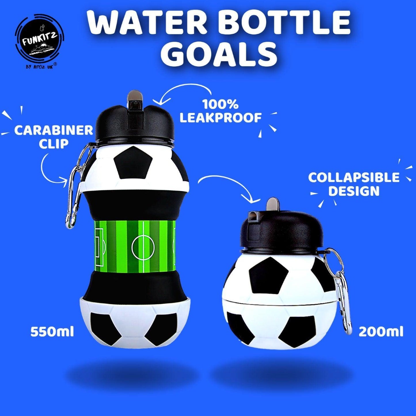 Football Water Bottles - Football Water Bottle for Kids, FunKitZ Football Water Bottle for Kids - Kids Collapsible Water Bottle