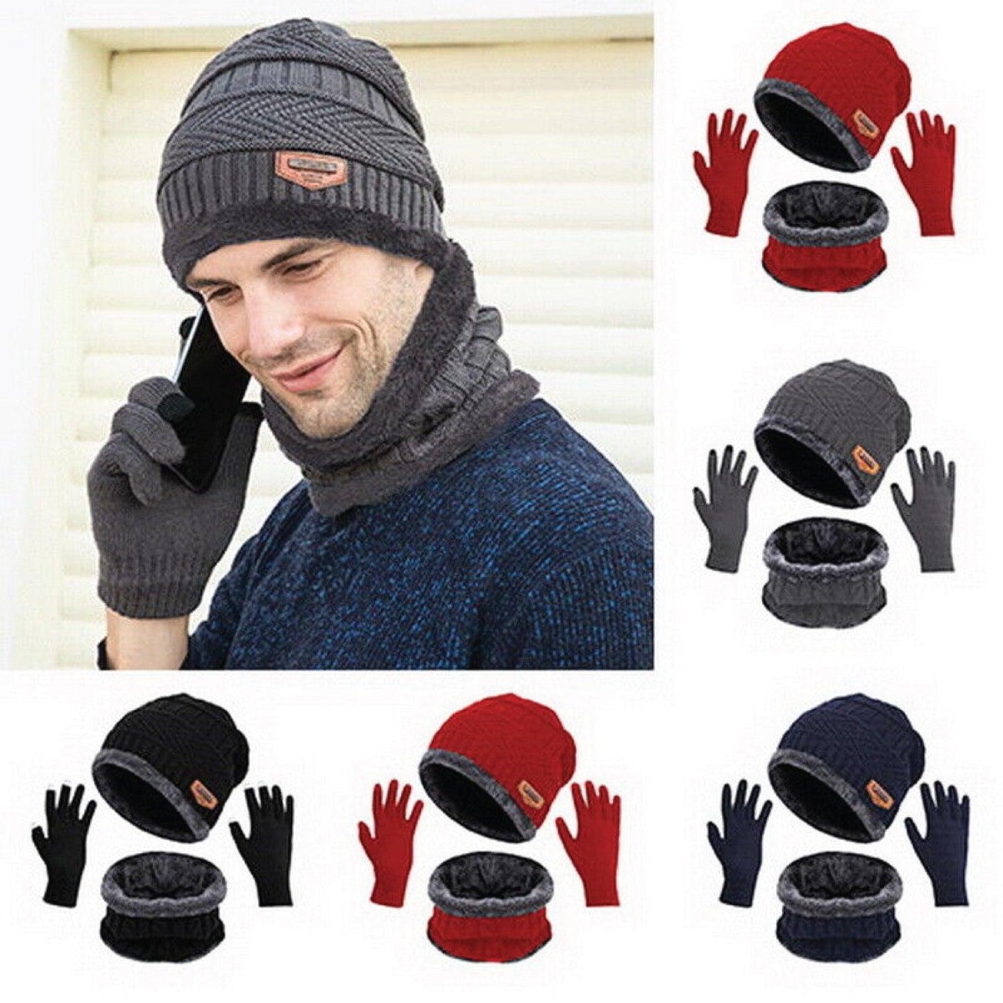 Hat Scarf and Gloves Set - 3pcs Mens Winter Thermal Beanie Knit Hat Glove Neck Scarf Set Men Ski Snow Caps