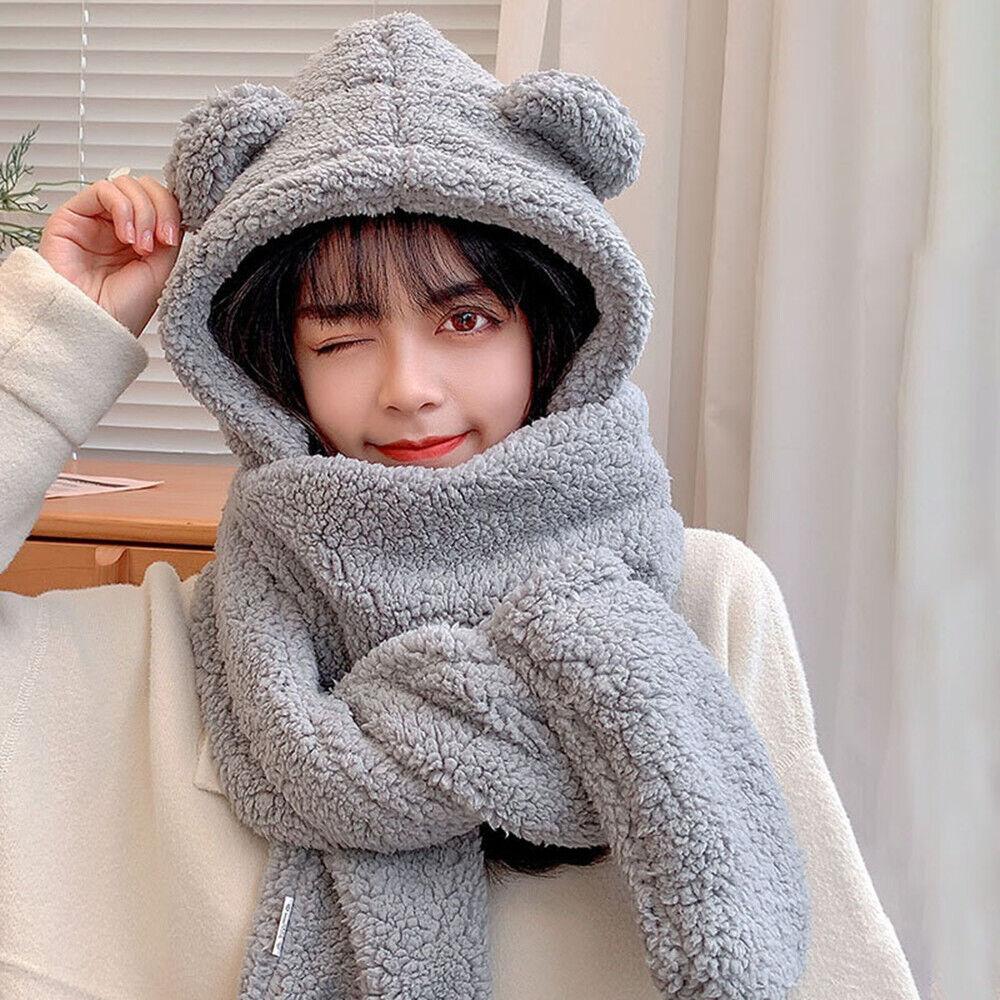 Womens Hat Scarf and Gloves Set - Cute 3 In 1 Set Bear Ear Fleece Winter Warm Hooded Girl Earflap