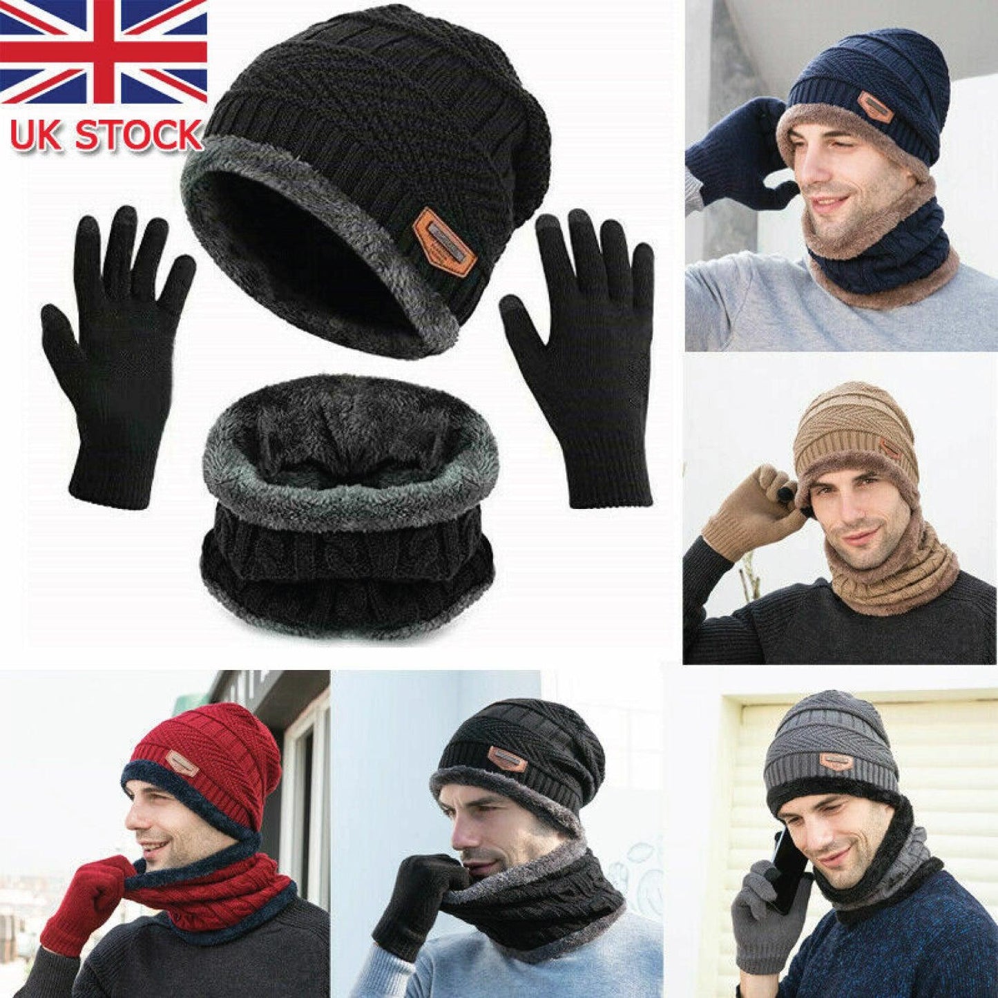Hat Scarf and Gloves Set - 3pcs Mens Winter Thermal Beanie Knit Hat Glove Neck Scarf Set Men Ski Snow Caps