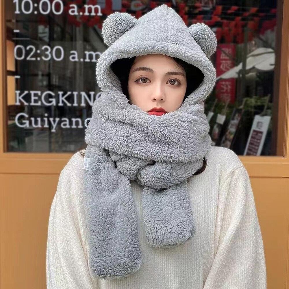 Womens Hat Scarf and Gloves Set - Cute 3 In 1 Set Bear Ear Fleece Winter Warm Hooded Girl Earflap
