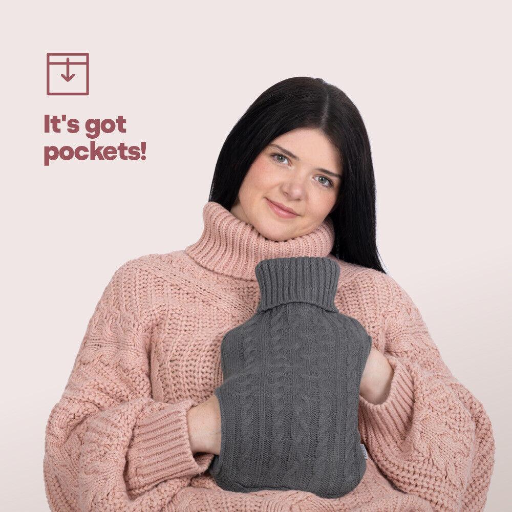 Hot Water Bag With Cover - 2L Bottle Cover Bag With Built in Pockets Knitted Soft Cozy Bag