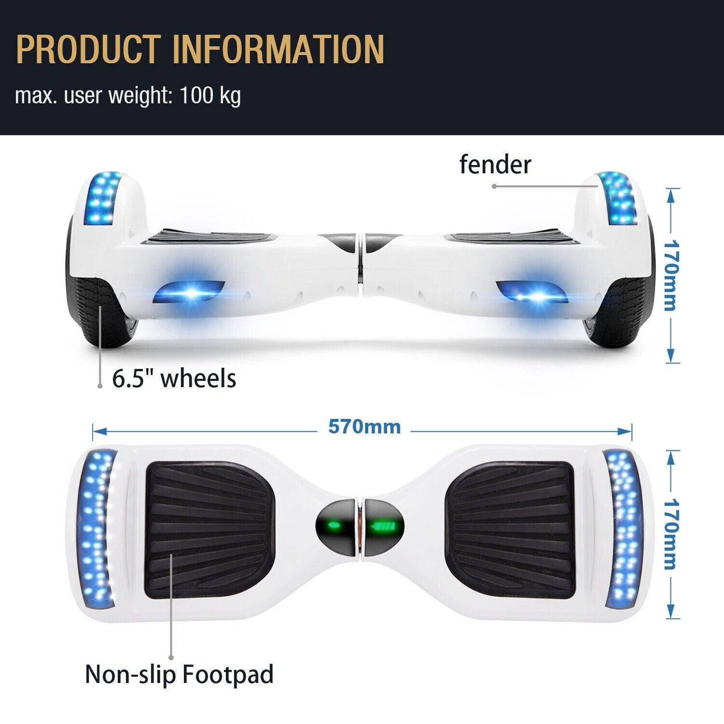 Electric Self Balancing Scooter - 500W Hoverboard For Kids Bluetooth LED Segway