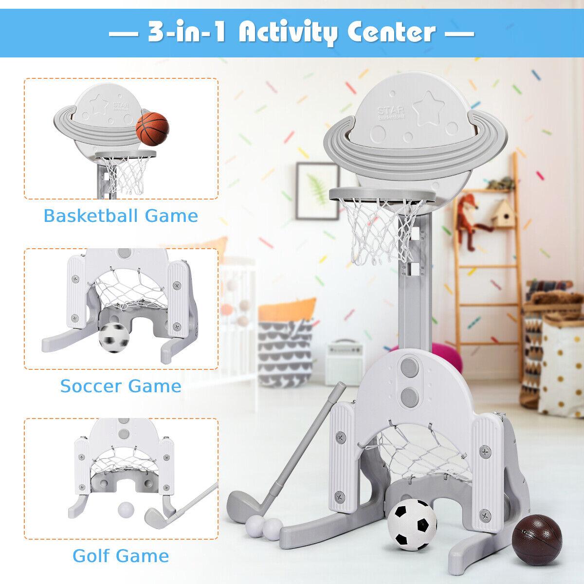 Adjustable Basketball Hoop - Kids Basketball Stand 3 in 1 Basketball Hoop Soccer Golf Kit Adjustable Toy Set