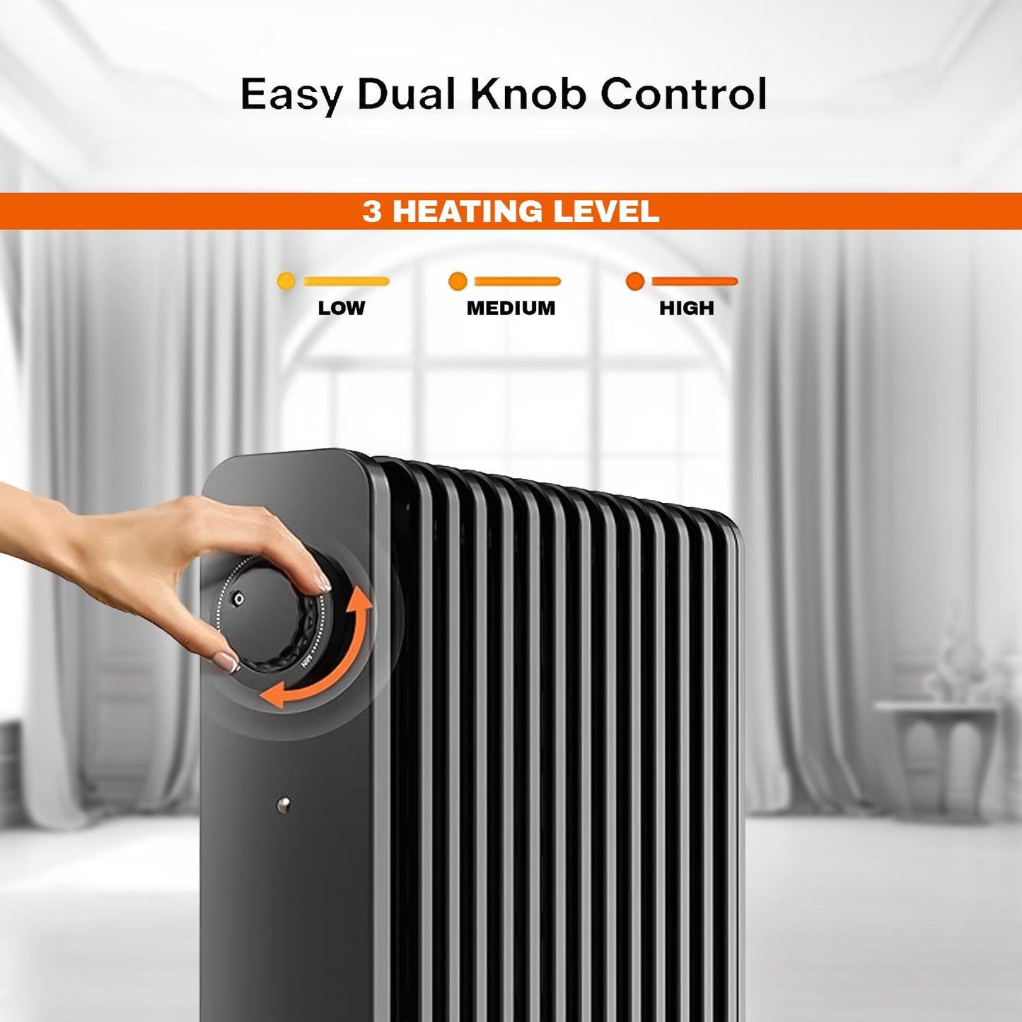 Room Heater Electric - Heater Oil Radiator with Adjustable Thermostat and 3 Heat Settings Oil Filled Heater with Overheat Protection (2500W, Knob Control)