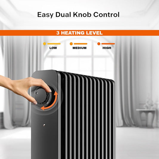 Room Heater Electric - Heater Oil Radiator with Adjustable Thermostat and 3 Heat Settings Oil Filled Heater with Overheat Protection (2500W, Knob Control)