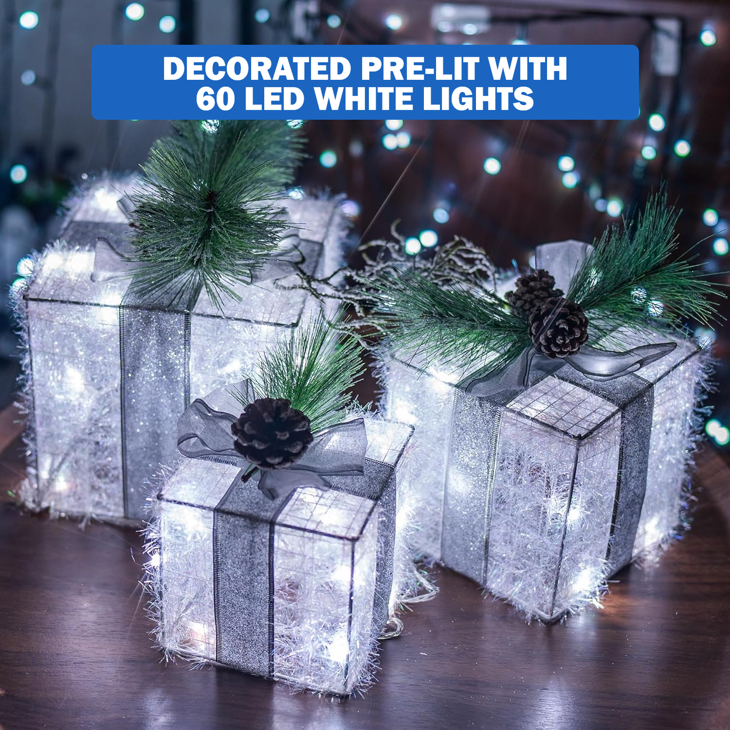 Christmas Light Up Presents - Gift Boxes Set LED Lighted Decorations for Indoor & Outdoor Use UK