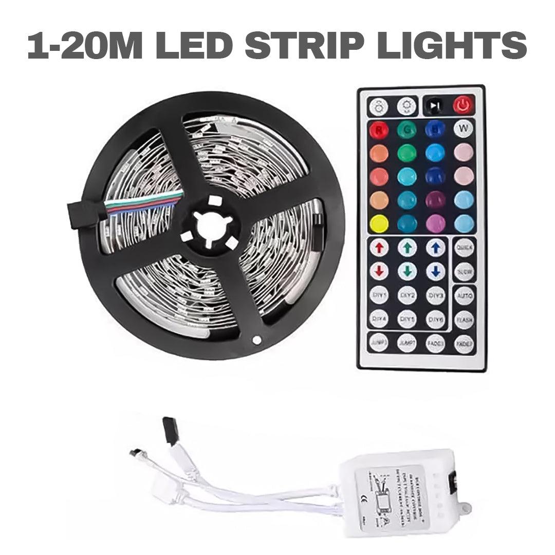 RGB LED Strip Light - 1-20M LED Strip Lights 5050 RGB Colour Changing Tape Cabinet Kitchen TV Lighting Indoor/Outdoor Decor