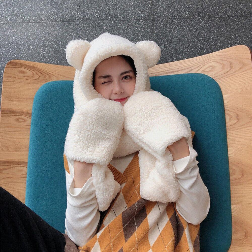 Womens Hat Scarf and Gloves Set - Cute 3 In 1 Set Bear Ear Fleece Winter Warm Hooded Girl Earflap