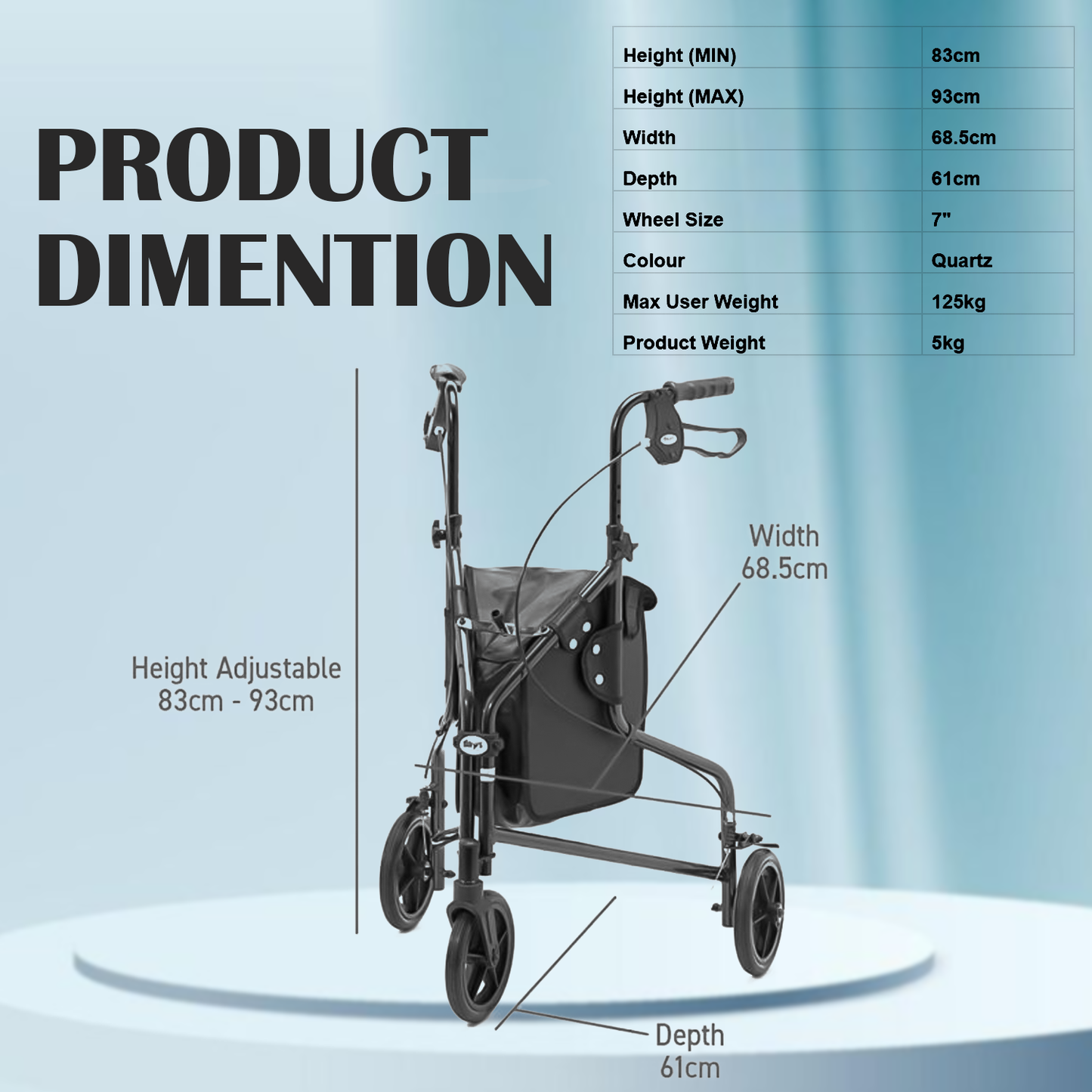 Three Wheeled Mobility Walker – Foldable Lightweight Rollator with Brakes & Storage Bag