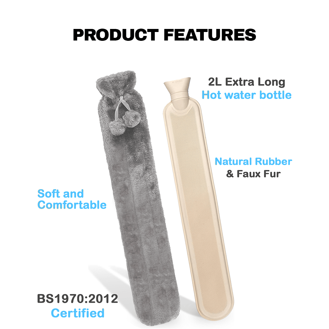 Hot Water Bottle With Cover - Long Hot Water Bottle With Fluffy Cover 2 Litre Extra Long