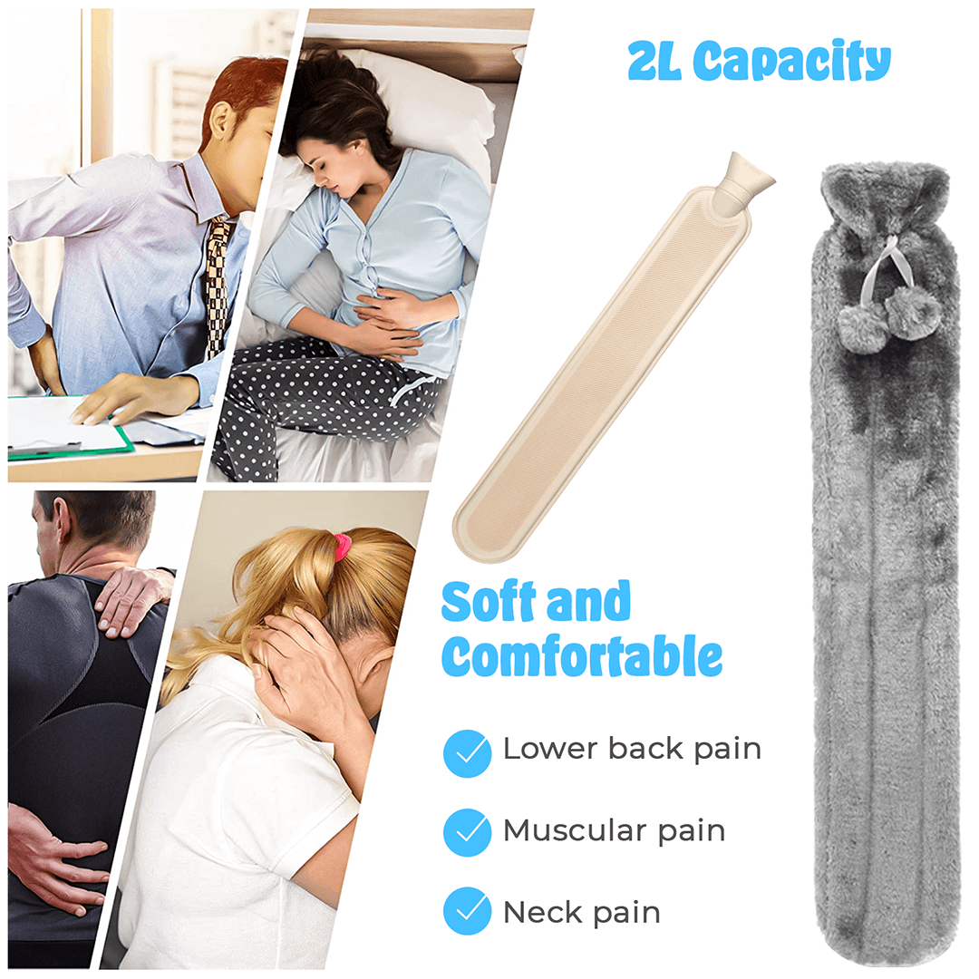 Hot Water Bottle With Cover - Long Hot Water Bottle With Fluffy Cover 2 Litre Extra Long