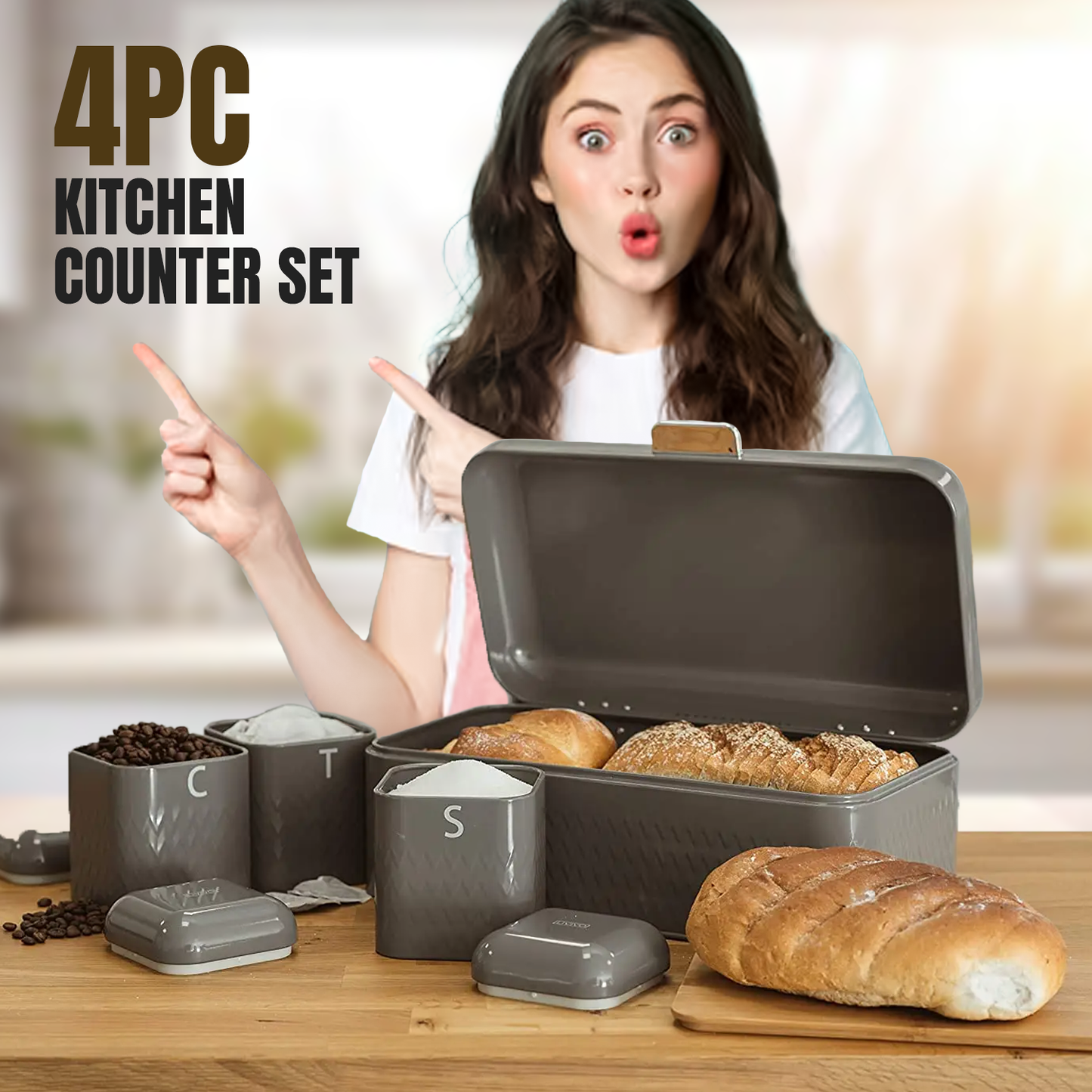 Bread Bin Set – 4-Piece Kitchen Storage Set with Tea, Coffee & Sugar Canisters