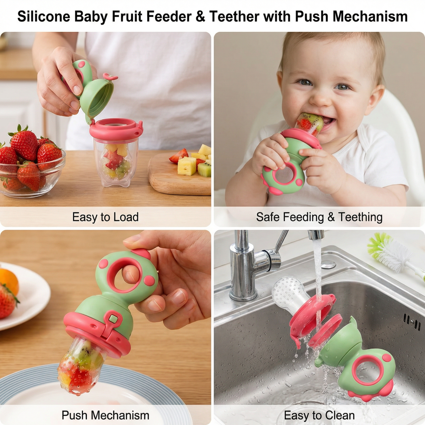 Silicone Baby Fruit Feeder & Teether with Push Mechanism