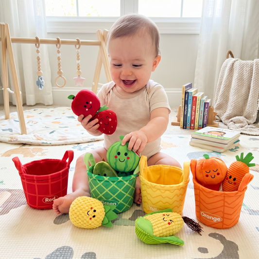Soft Fruit & Vegetable Learning Toy for Babies – 4-Pack Color Sorting Set with Rattle and Crinkle Effect