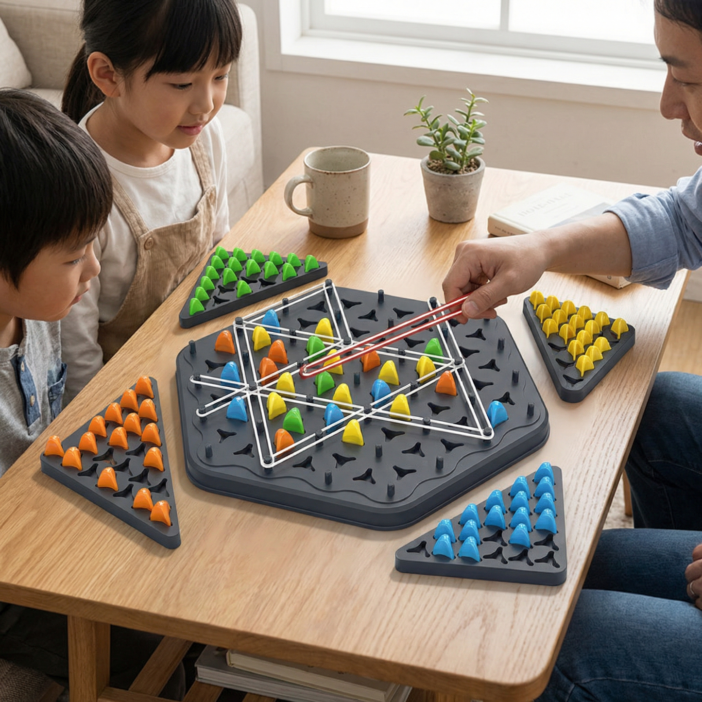 Rubber band triangle chess family game