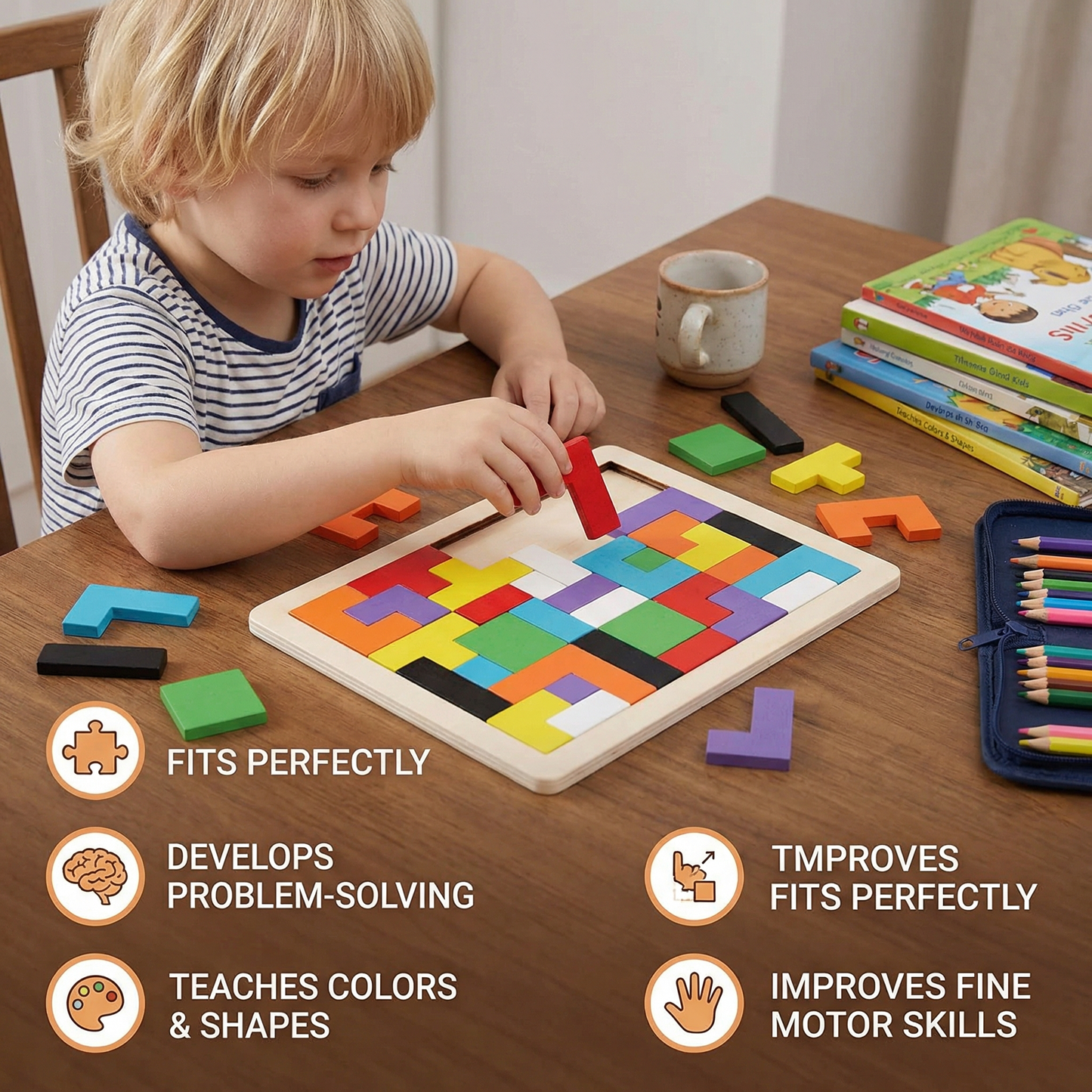 Educational Wooden Tangram Puzzle – Colourful Montessori Learning Toy for Kids